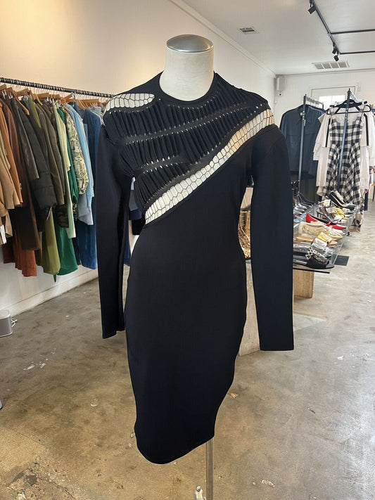 ALEXANDRE VAUTHIER Black Mesh Cutout Long Sleeve Bodycon LBD Cocktail Dress 38/6