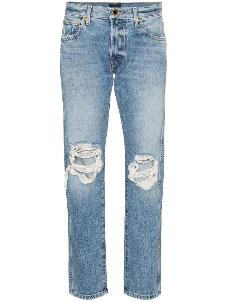 KHAITE $500 Kyle Distressed Low Rise Ripped Knees Straight Leg Denim Jean 24