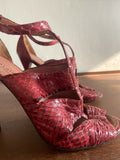 ALAIA Cerise Red Snakeskin Animal Print TStrap Strappy Sandal Heel 6.5/7/37