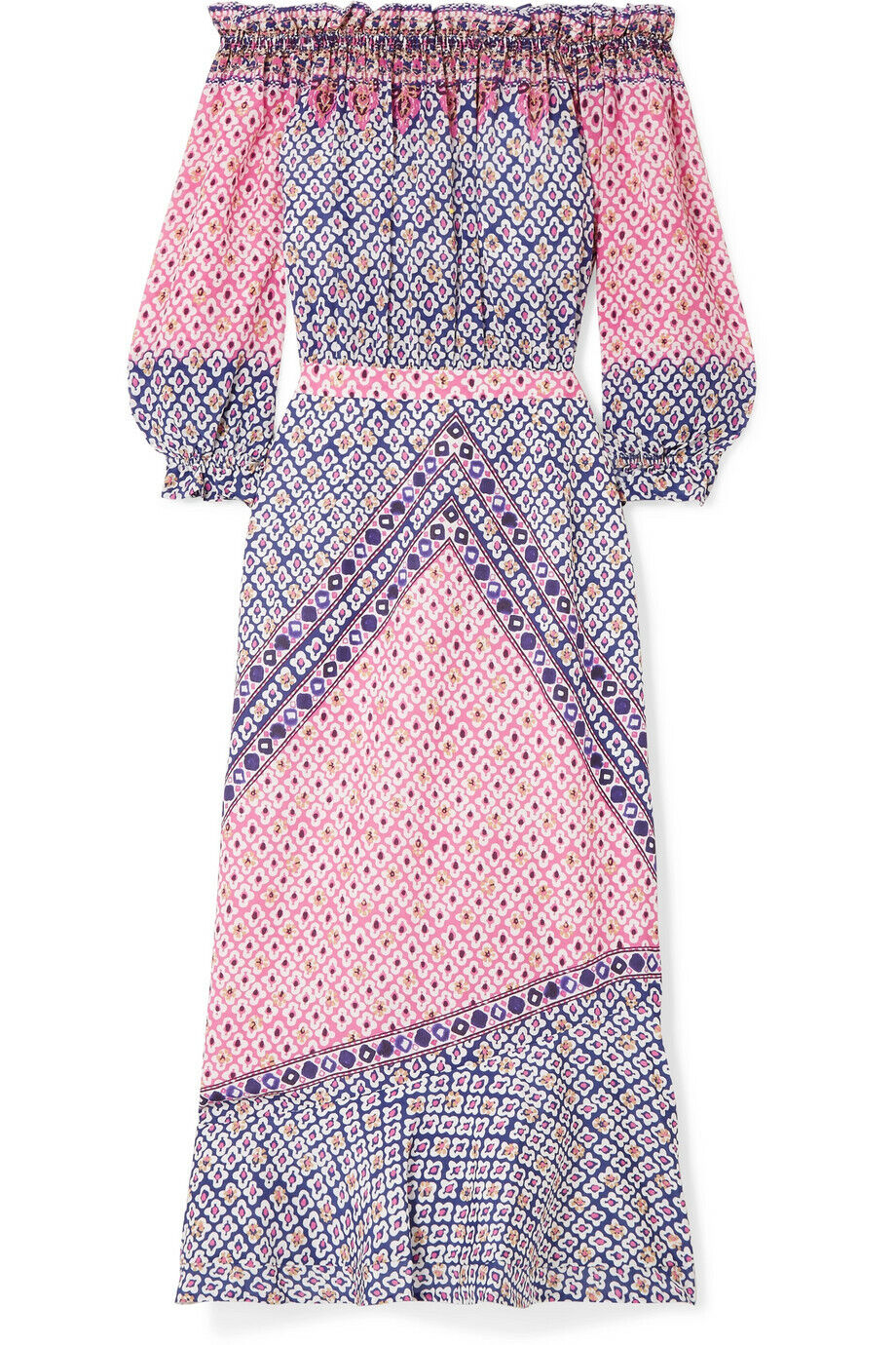SALONI NWT Grace Pink Purple Paisley-Block Print Silk Off Shoulder Midi Dress 0