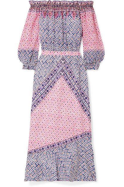 SALONI NWT Grace Pink Purple Paisley-Block Print Silk Off Shoulder Midi Dress 0
