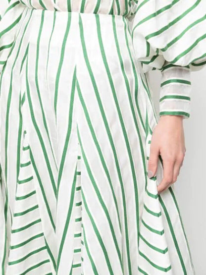 ROSIE ASSOULIN NWT Flouncy Striped White Green Stripe Print Organza Midi Skirt 6