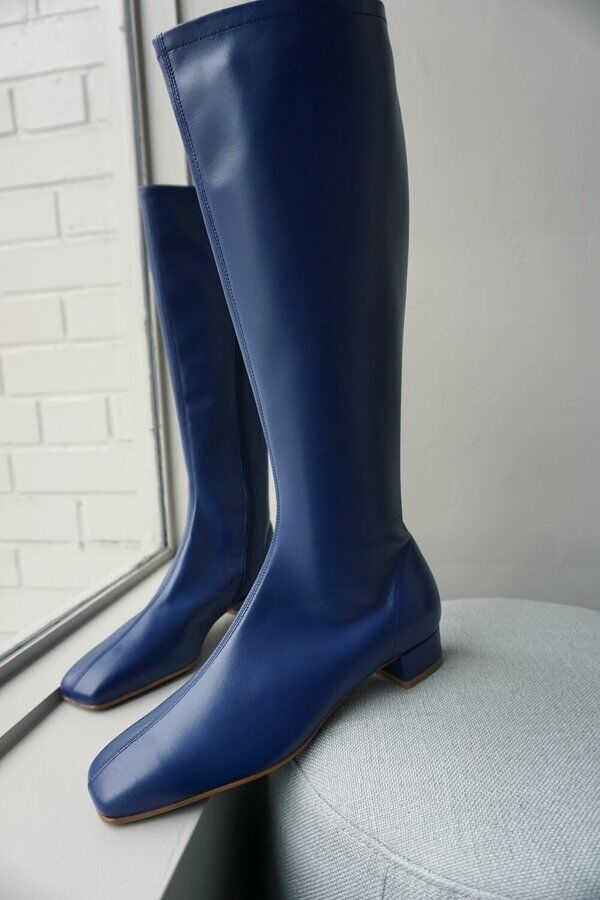 BY FAR NEW Edie Navy Blue Leather Knee High Zip Square Toe Block Heel Boots 36