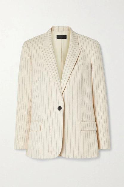 NILI LOTAN Don Cream Ivory Navy Pinstripe Print Single Breasted Jacket Blazer 0