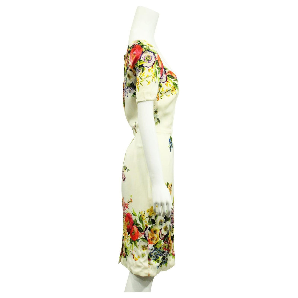 DOLCE & GABBANA White Multicolor Floral Print Silk Pencil Knee Length Dress 40/4