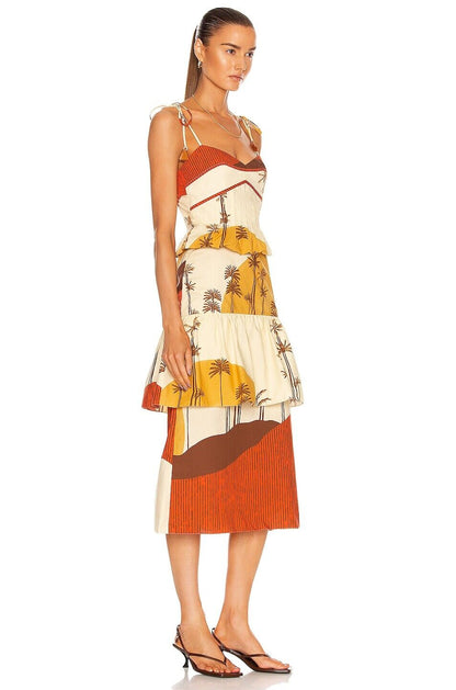 JOHANNA ORTIZ NWT Mountain Woman Ecru Beige Red Sleeveless Tiered Midi Dress 2