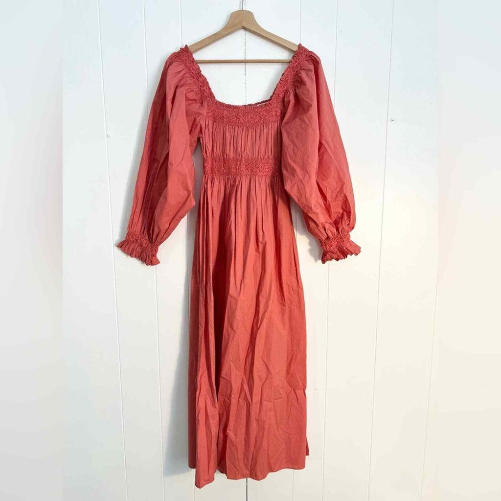 DOEN Catrinette Smocked Embroidered Bohemian Cotton Coral Pink Midi Maxi Dress M