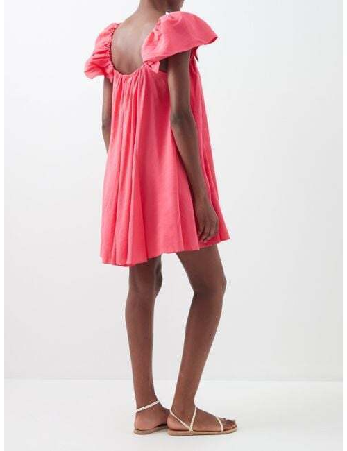 LA LIGNE Emily Pink Linen Ruffle Strap Puff Strap V-Neck Tunic Mini Dress XS