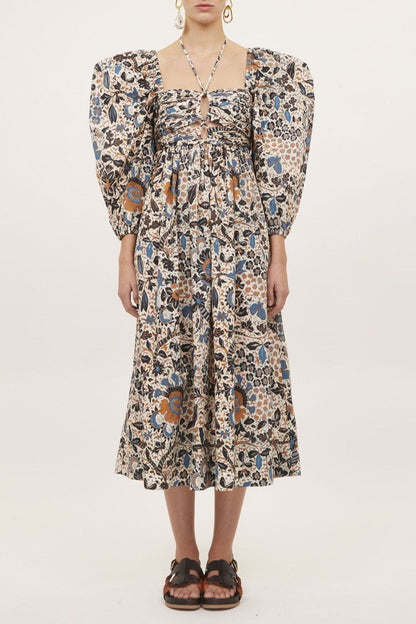 ULLA JOHNSON Alessa 23 Clematis White Blue Floral Print Long Sleeve Midi Dress 6