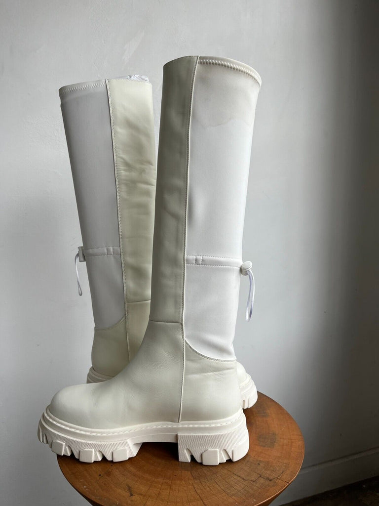 GIA BORGHINI Gia 12 White Ivory Leather Fabric Knee Thigh High Platform Boots 38