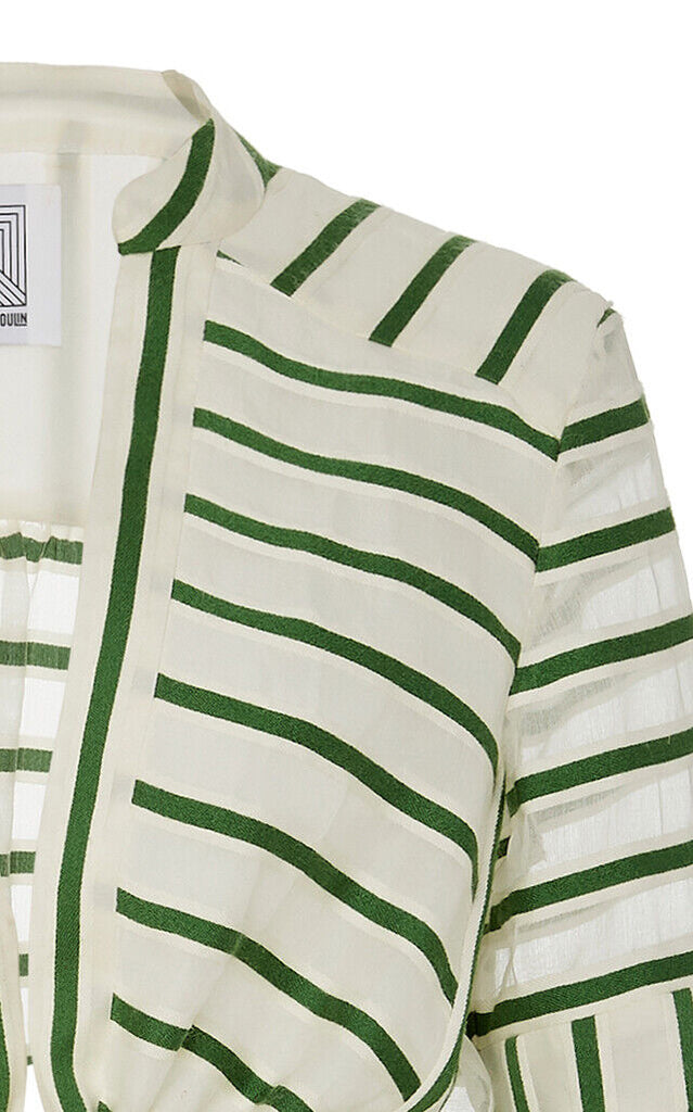 ROSIE ASSOULIN $1,600 White Green Stripe Print Organza Shirt Dress Top Blouse M