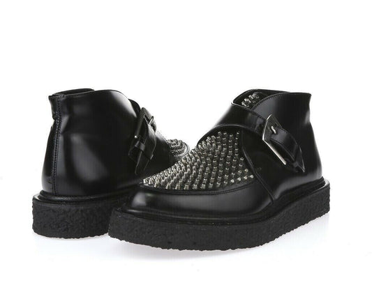 YVES SAINT LAURENT YSL Black Leather Silver Stud Monkstrap Creeper Flat Boot 35