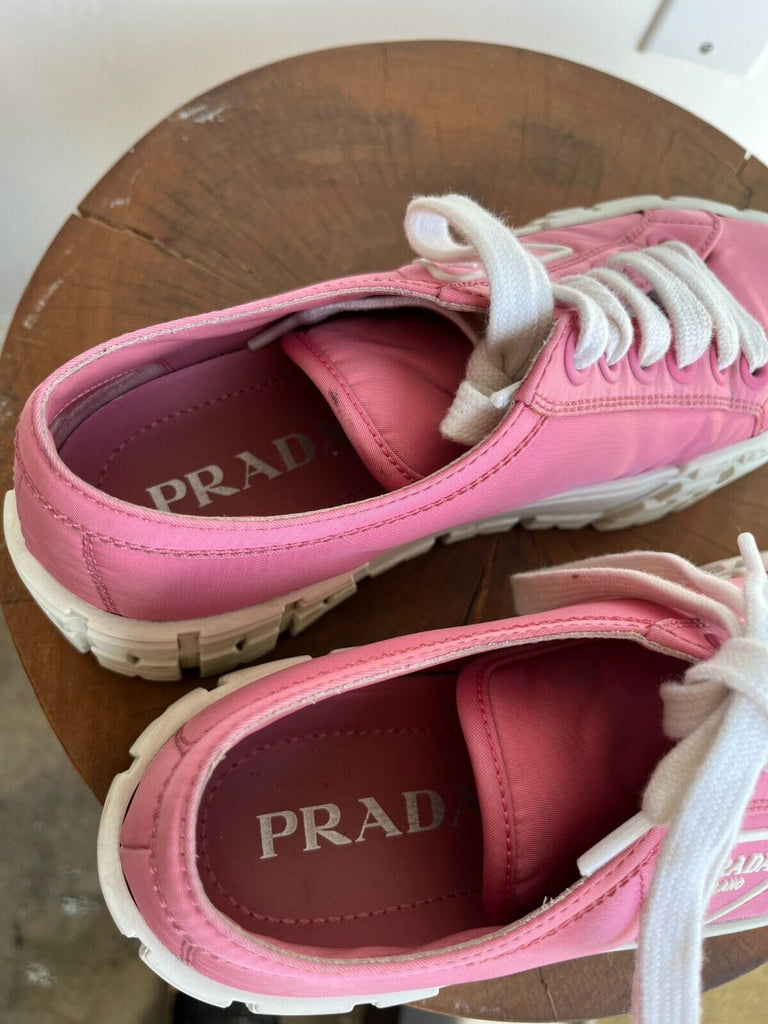PRADA Double Wheel Gabardine Begonia Pink Nylon Platform Lug Sole Sneaker 38