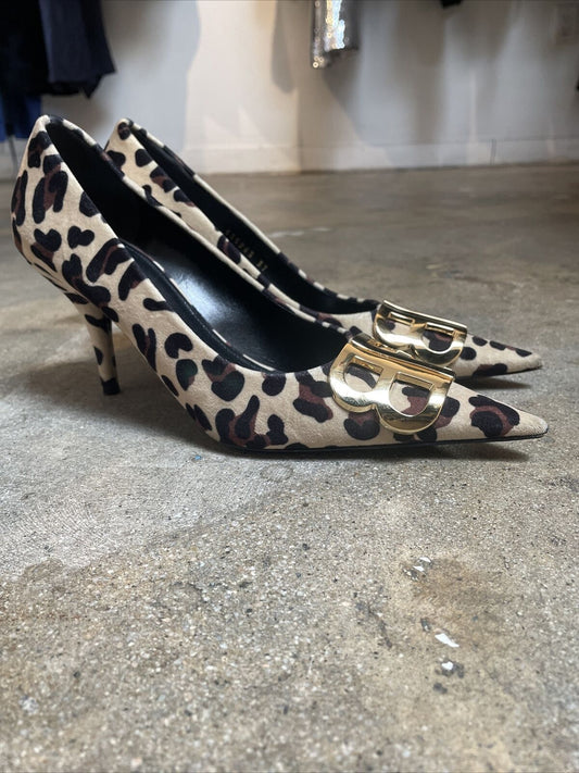 BALENCIAGA BB Scarpa Pelle Leopard Animal Print Suede Leather Kitten Heel 37/7