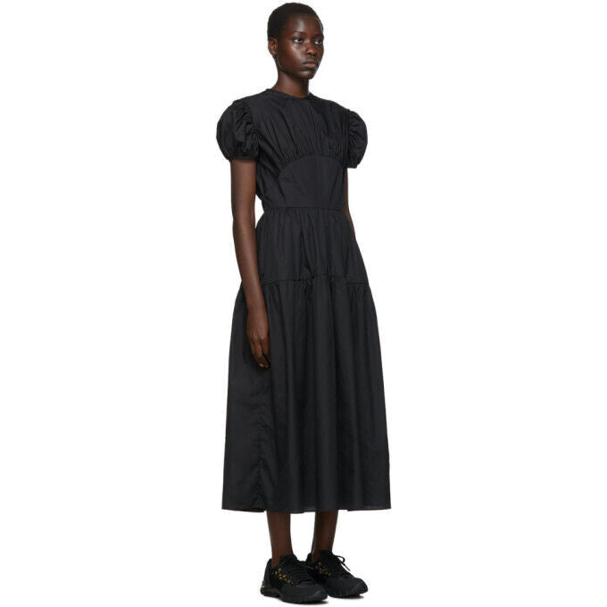 CECILIE BAHNSEN Tia Black Ruched Short Sleeve Cotton Tiered Midi Dress 4