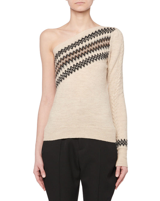 ISABEL MARANT Wild West Intarsia Beige One Shoulder Fair Isle Knit Sweater 34/2