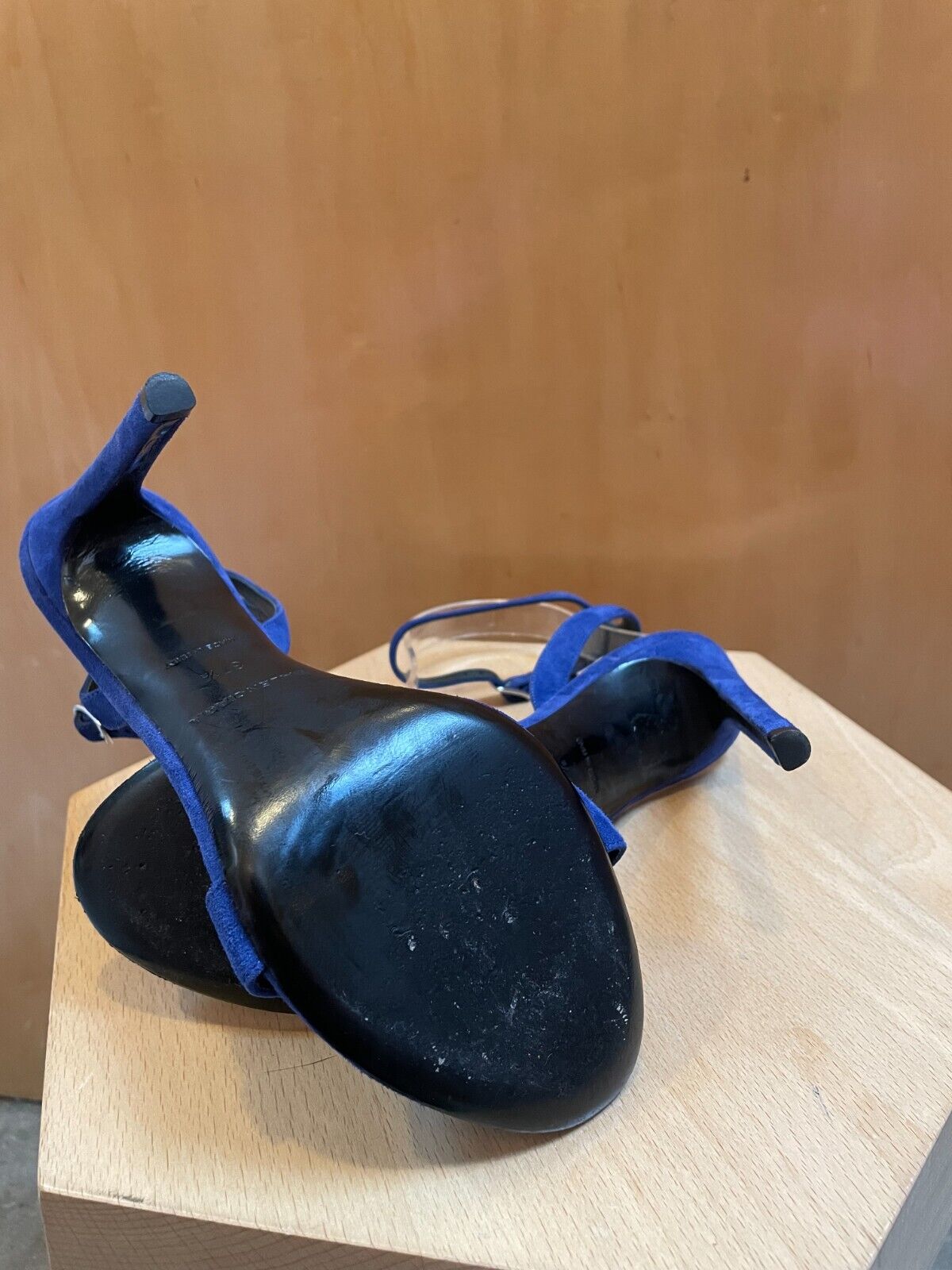 BALENCIAGA Blue Suede Silver Buckle Strappy Open Toe Stiletto Sandal Heel 37.5