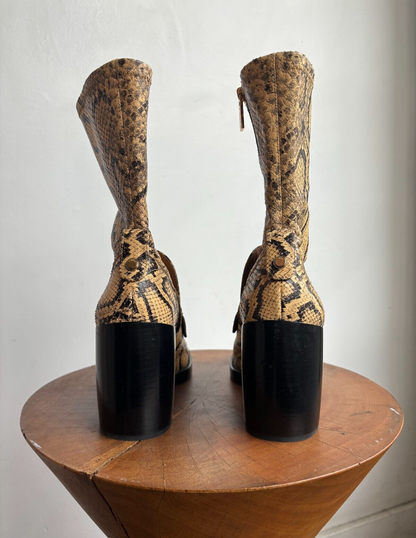 CHLOE Adelie Snakeskin Print Python Brown Beige Leather Ankle Calf Boots 37.5
