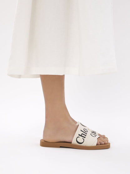 CHLOE Woody Off White Ivory Linen Ribbon Canvas Logo Criss Cross Sandal 37/7