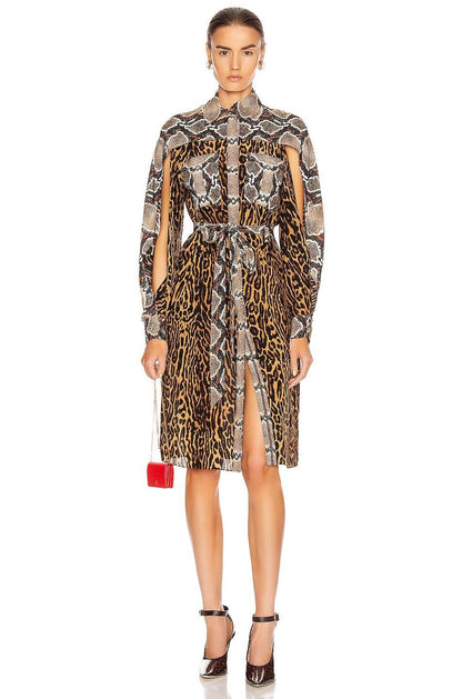BURBERRY Costanza Brown Snakeskin Leopard Animal Print Silk Belt Shirt Dress 42