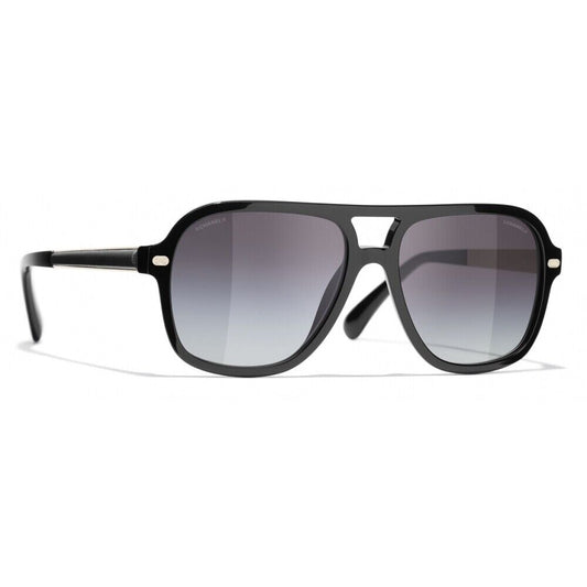 CHANEL Black Gold Acetate Calfskin Framed Pilot Aviator Glasses Sunglasses