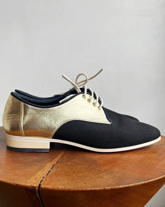 CHANEL Gold Patent Leather Black Mesh Canvas Lace Up Derby Oxford Loafer Flat 35