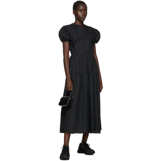 CECILIE BAHNSEN Tia Black Ruched Short Sleeve Cotton Tiered Midi Dress 4