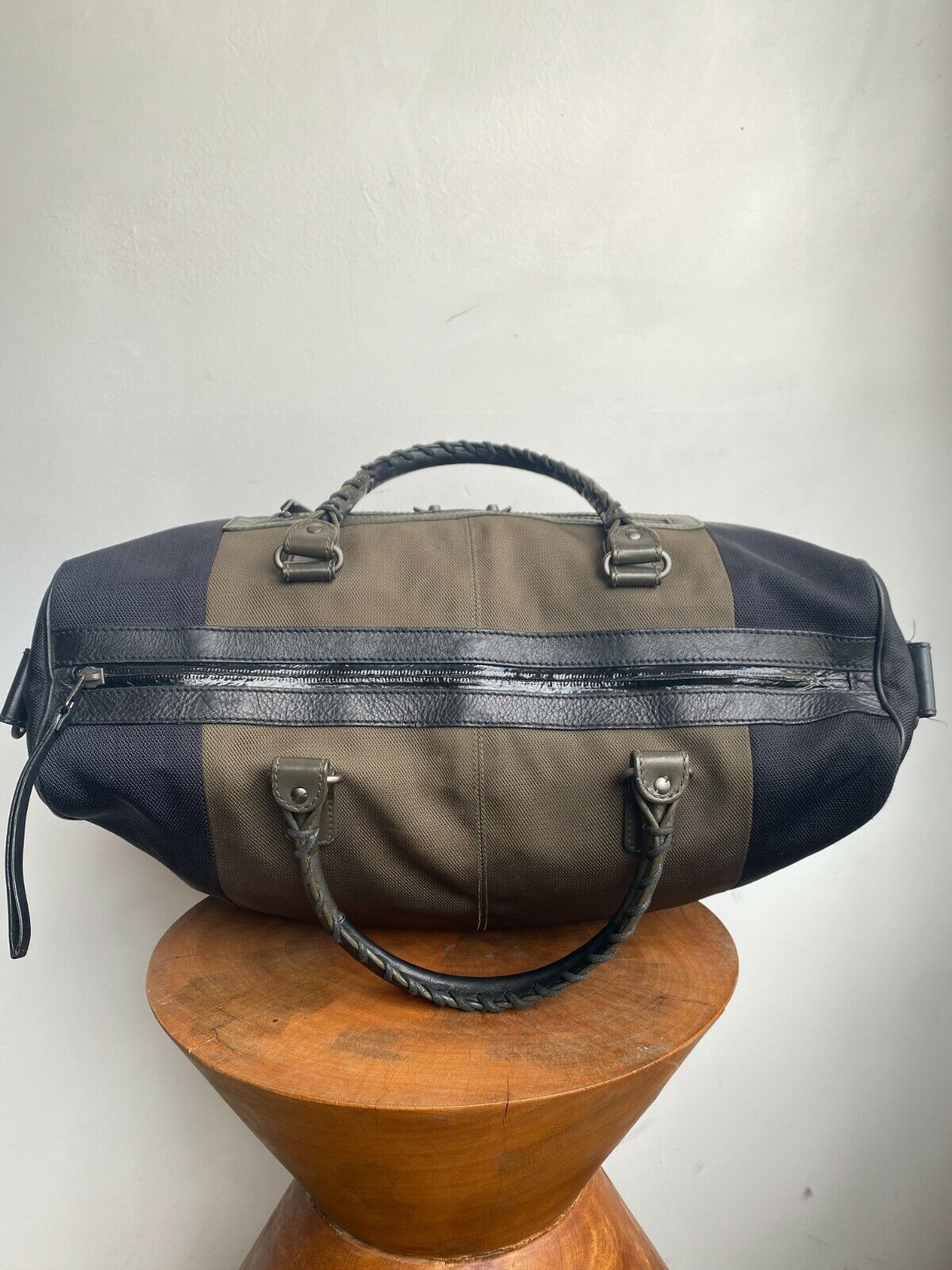 BALECIAGA Black Green Leather Handle Canvas Nylon Large Briefcase Duffel Gym Bag
