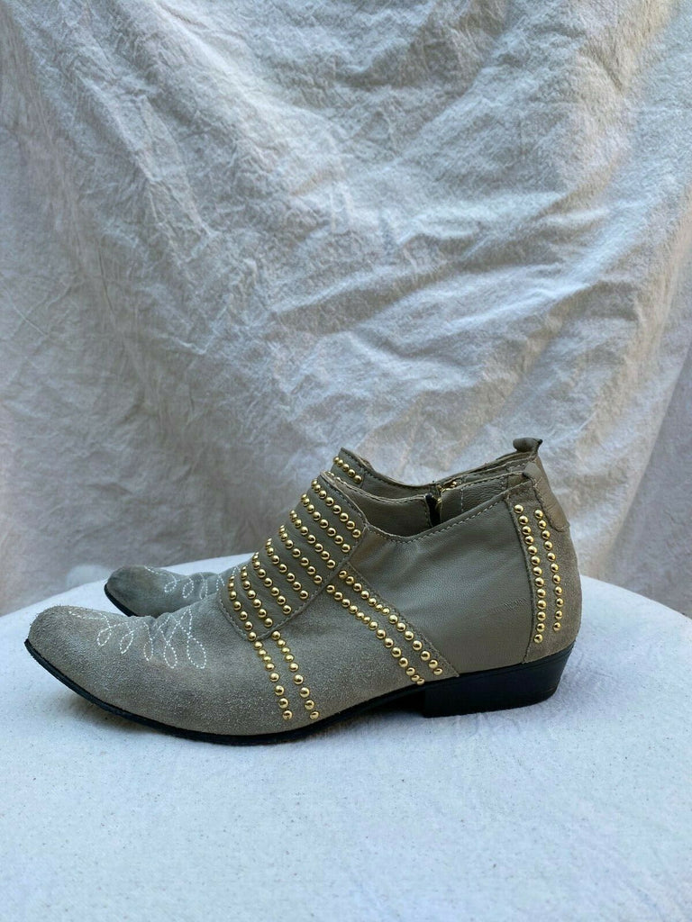 ANINE BING Charlie Low Grey Suede Gold Studded Point Toe Side Zip Shoe 37/7