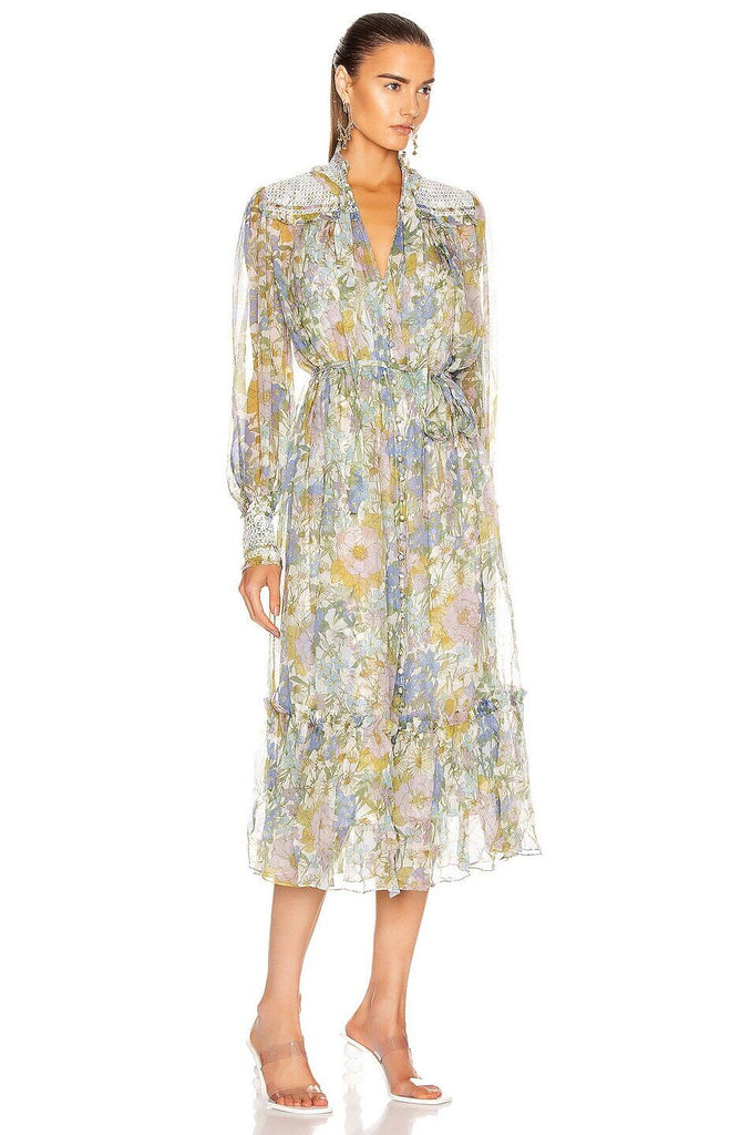 ZIMMERMANN NWT Super Eight Silk Floral Print Shirred Belted Bow Midi Dress 0/XS