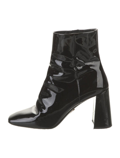 PRADA Black Patent Leather Square Toe Chunky Heel Ankle Bootie Boot 36