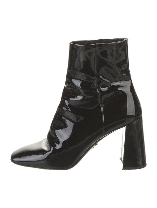 PRADA Black Patent Leather Square Toe Chunky Heel Ankle Bootie Boot 36