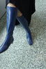 BY FAR NEW Edie Navy Blue Leather Knee High Zip Square Toe Block Heel Boots 36