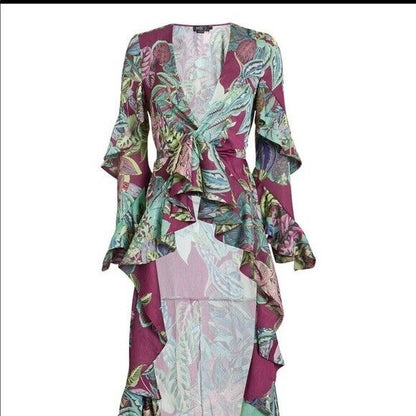 PATBO Samba Maroon Purple Green Botanical Print Ruffle CoverUp Top Duster Robe S