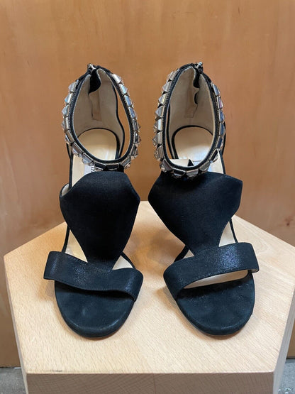 JIMMY CHOO Halo Black Suede Leather Rhinestone Shimmer Cut Out Stiletto Heel 38