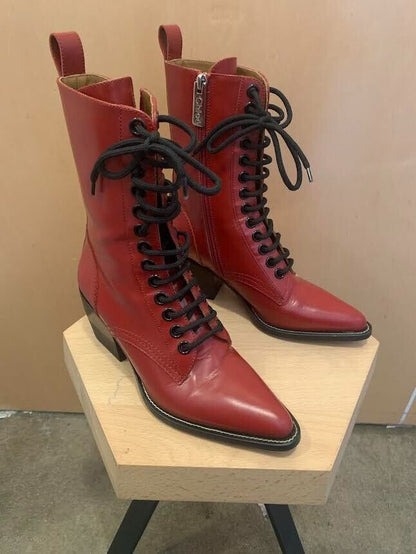 CHLOE Rylee Red Patent Leather Pointed Cuban Heel Lace Up Ankle Boots 36/6/5.5