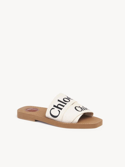 CHLOE Woody Off White Ivory Linen Ribbon Canvas Logo Criss Cross Sandal 37/7
