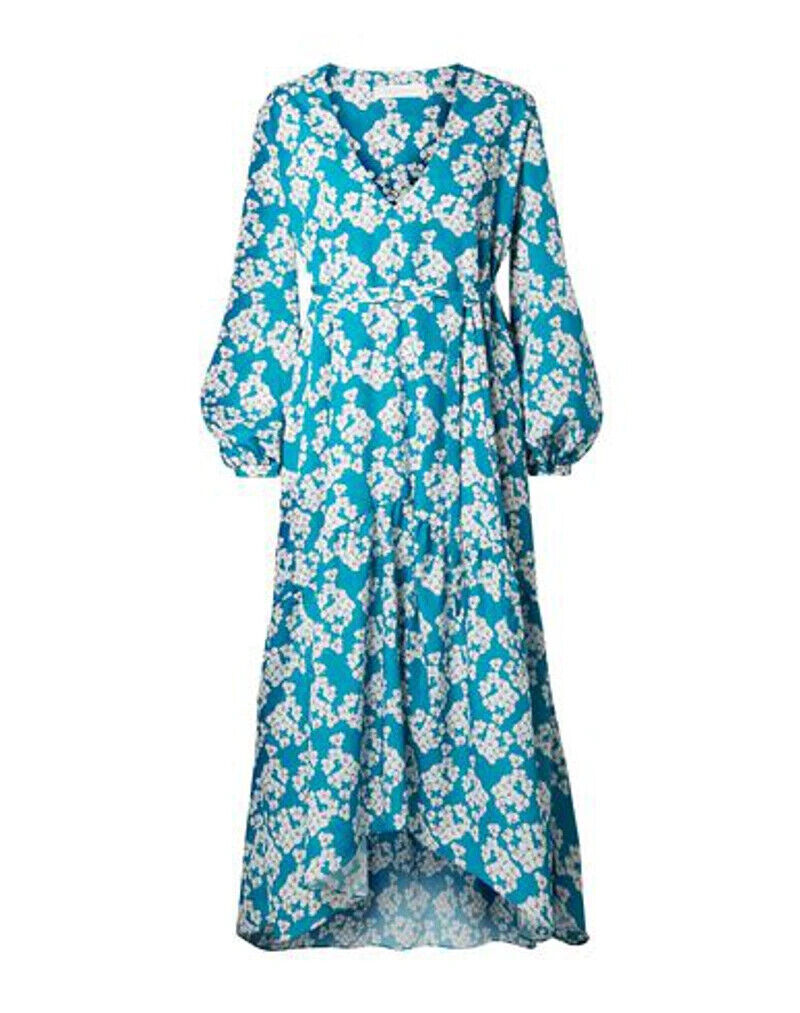 BORGO DE NOR Beatrice Blue Teal Floral Print Asymmetric Tier Midi Maxi Dress 8/4