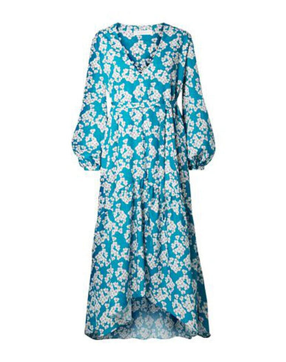 BORGO DE NOR Beatrice Blue Teal Floral Print Asymmetric Tier Midi Maxi Dress 8/4