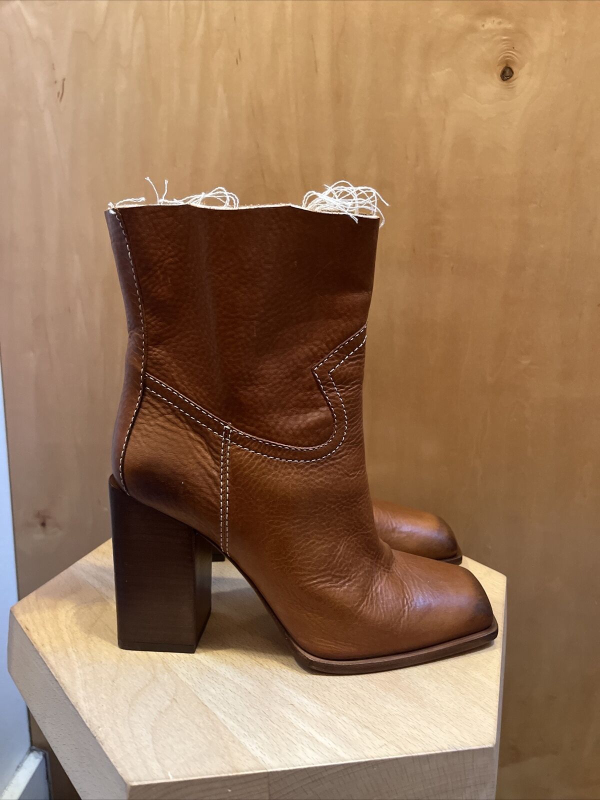 SAINT LAURENT Jodie Tan Camel Raw Edge Cut Off Ankle Calf Heel Ankle Boot 37.5