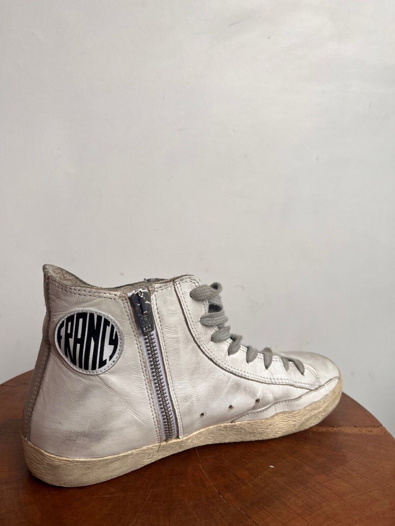 GOLDEN GOOSE Francy White Leather Silver Glitter Star High Top Shoe Sneaker 40