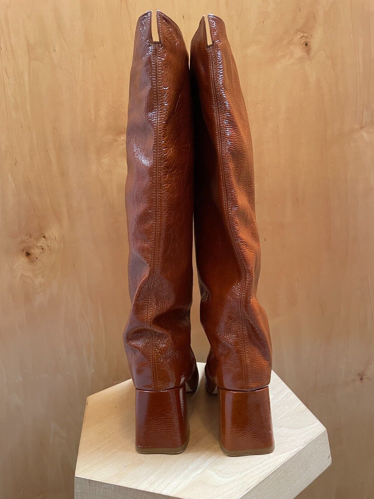 MIISTA Finola Tan Camel Brown Patent Leather Chunky Block Heel Knee High Boot 40