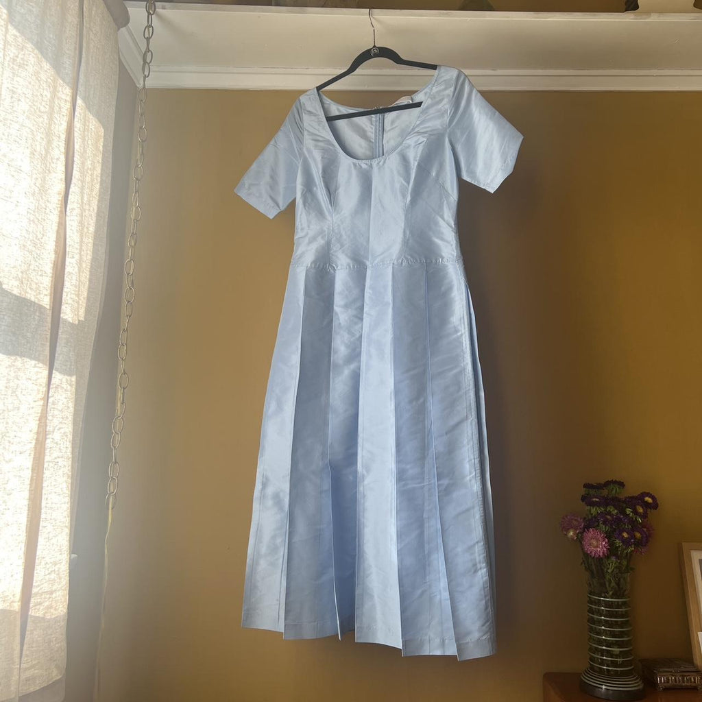 SUZANNE RAE Light Baby Blue Silk Taffeta Pleated Short Sleeve Midi Dress 2