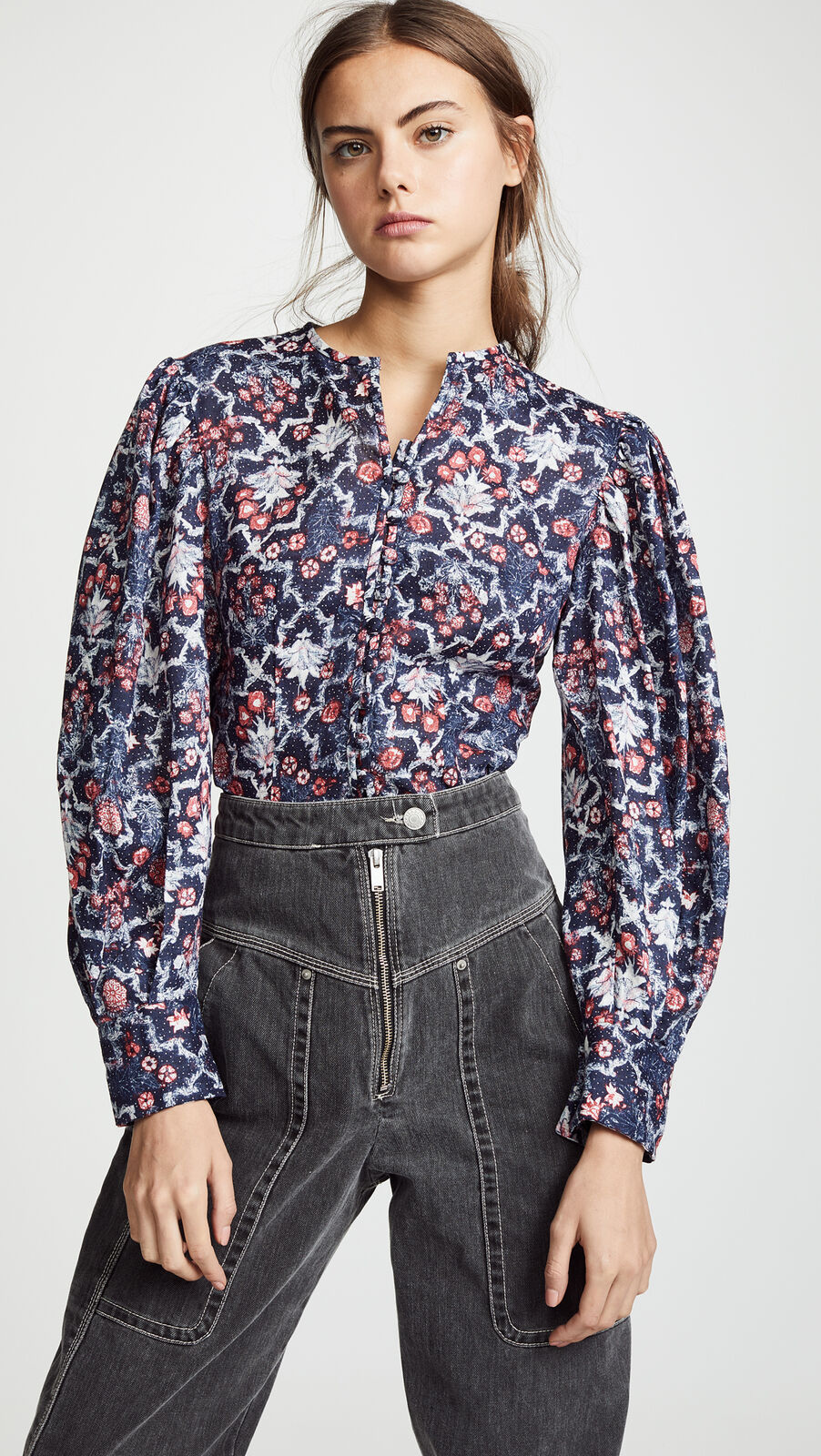 ISABEL MARANT 400 Tilo Linen Midnight Blue Red Floral Print Mandarin Blouse 34/2
