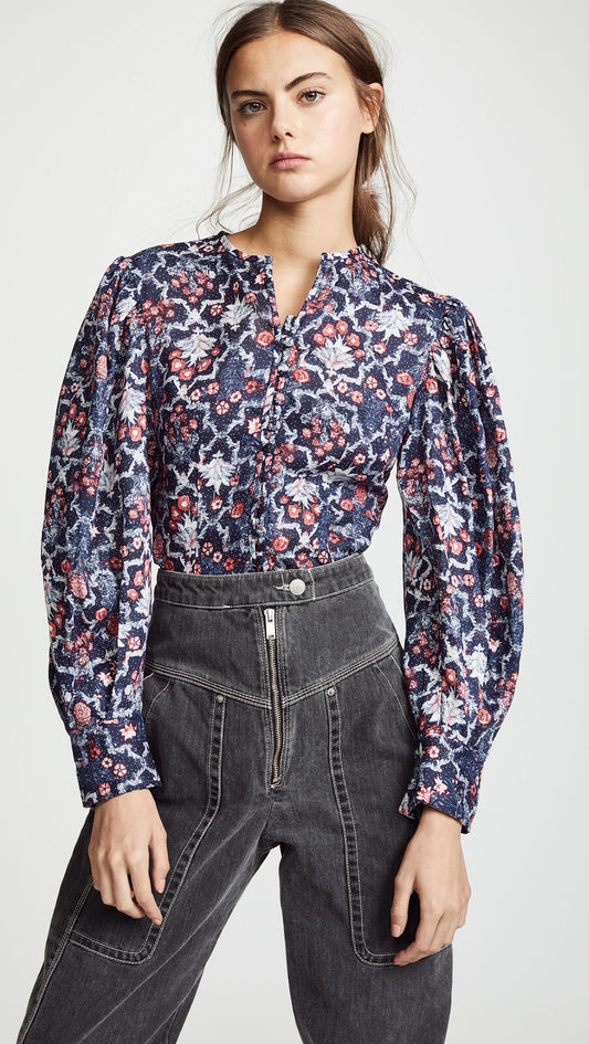 ISABEL MARANT 400 Tilo Linen Midnight Blue Red Floral Print Mandarin Blouse 34/2