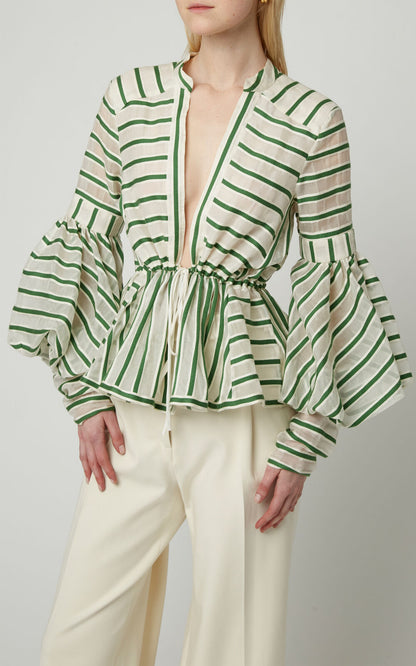 ROSIE ASSOULIN $1,600 White Green Stripe Print Organza Shirt Dress Top Blouse M