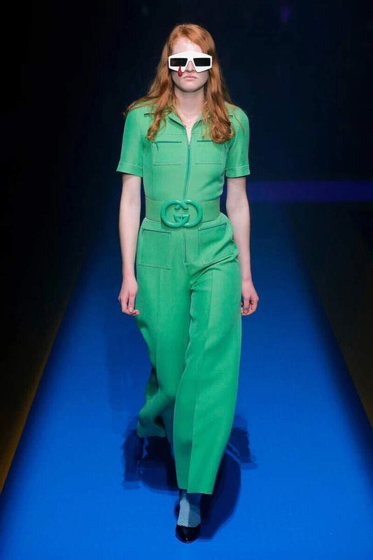 GUCCI Spring 18 Runway Cady Green Silk Wool Short Sleeve Belted Jumpsuit 38/2/0