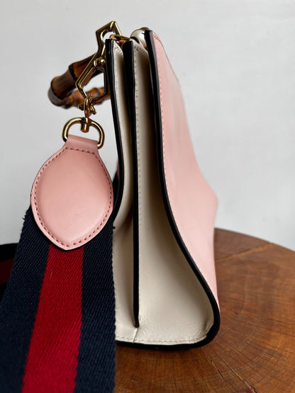 GUCCI NEW Nymphaea Pink Leather Bamboo Handle Web Stripe Shoulder Bag Purse