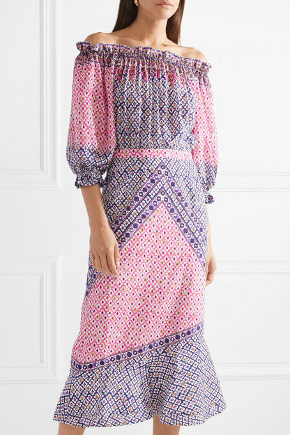 SALONI NWT Grace Pink Purple Paisley-Block Print Silk Off Shoulder Midi Dress 0
