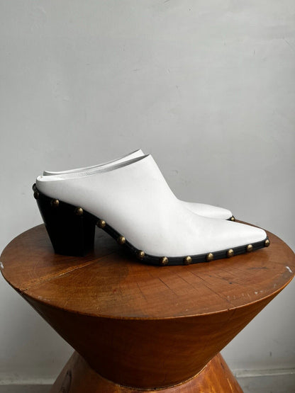 ILIO SMERALDO Grece Ghanem White Leather Studded Western Mule Slide Heels 37.5